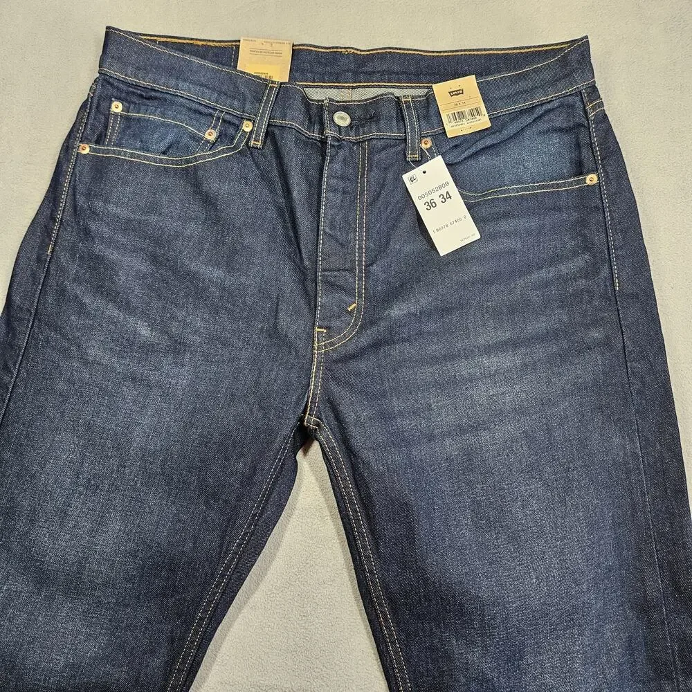 Levis 505 Jeans Mens 36x34 Blue Denim Regular Straight Stretch Pants Work Dark‎